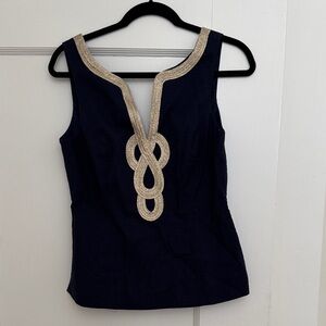 Lilly Pulitzer Navy Sleeveless Tank with Gold Embellished Neckline, Size 8